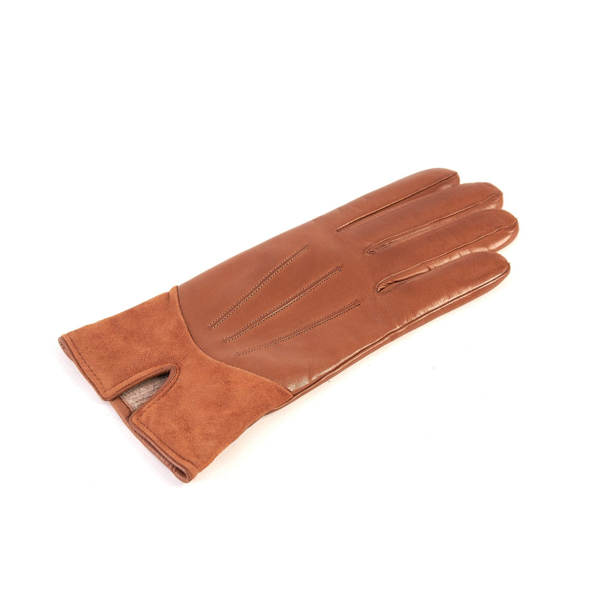 Women's camel nappa leather gloves with suede panel insert on top cashmere lined