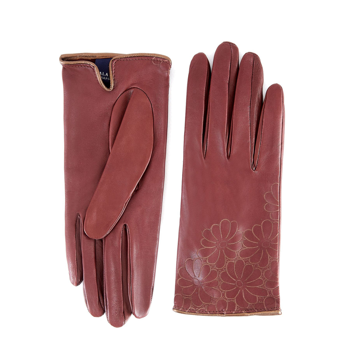 Women's unlined light brown nappa leather gloves with floral detail