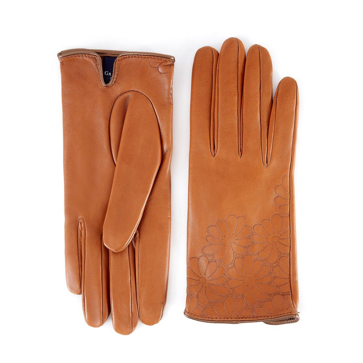 Women's unlined camel nappa leather gloves with floral detail