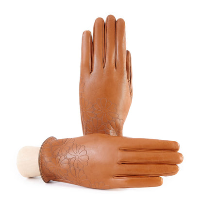 Women's unlined camel nappa leather gloves with floral detail