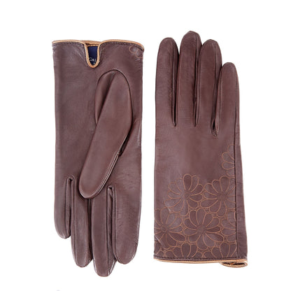Women's unlined brown nappa leather gloves with floral detail