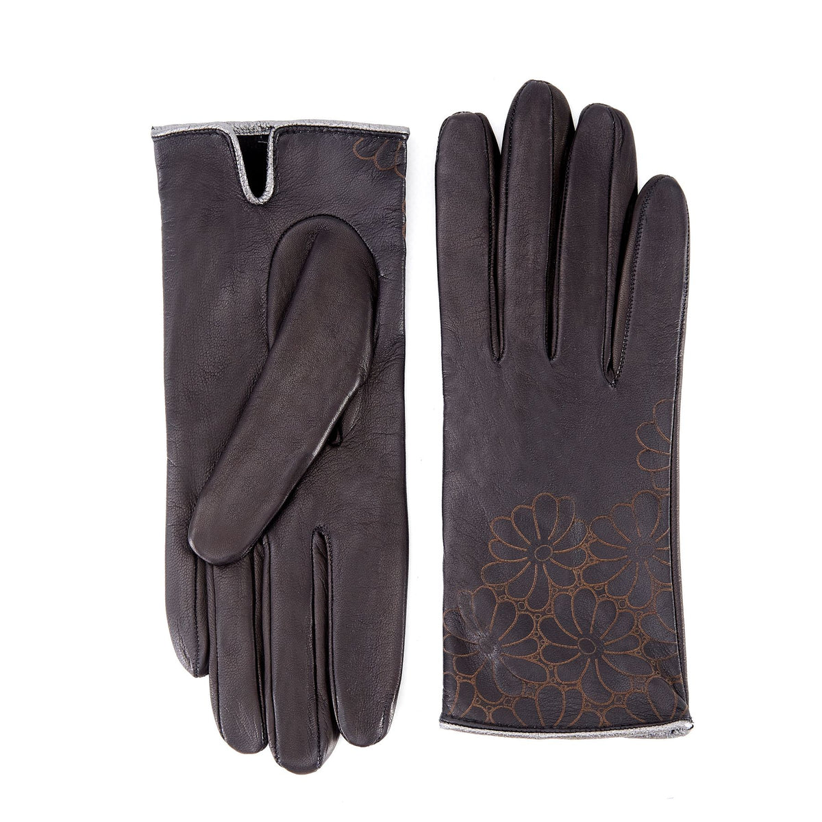 Women's unlined black nappa leather gloves with floral detail
