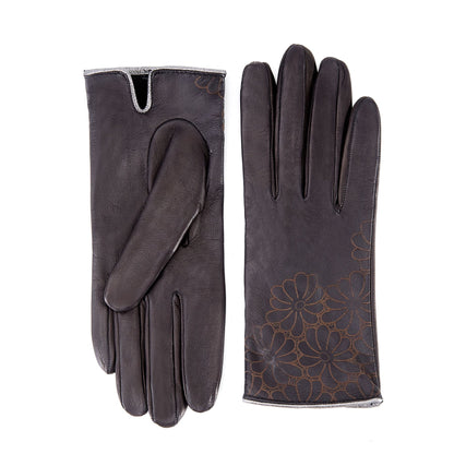 Women's unlined black nappa leather gloves with floral detail