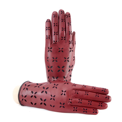 Women's rum nappa leather gloves with laser cut petals detail and polyamide lining