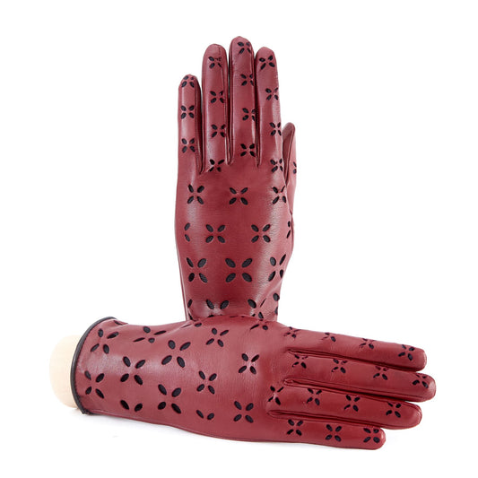 Women's rum nappa leather gloves with laser cut petals detail and polyamide lining