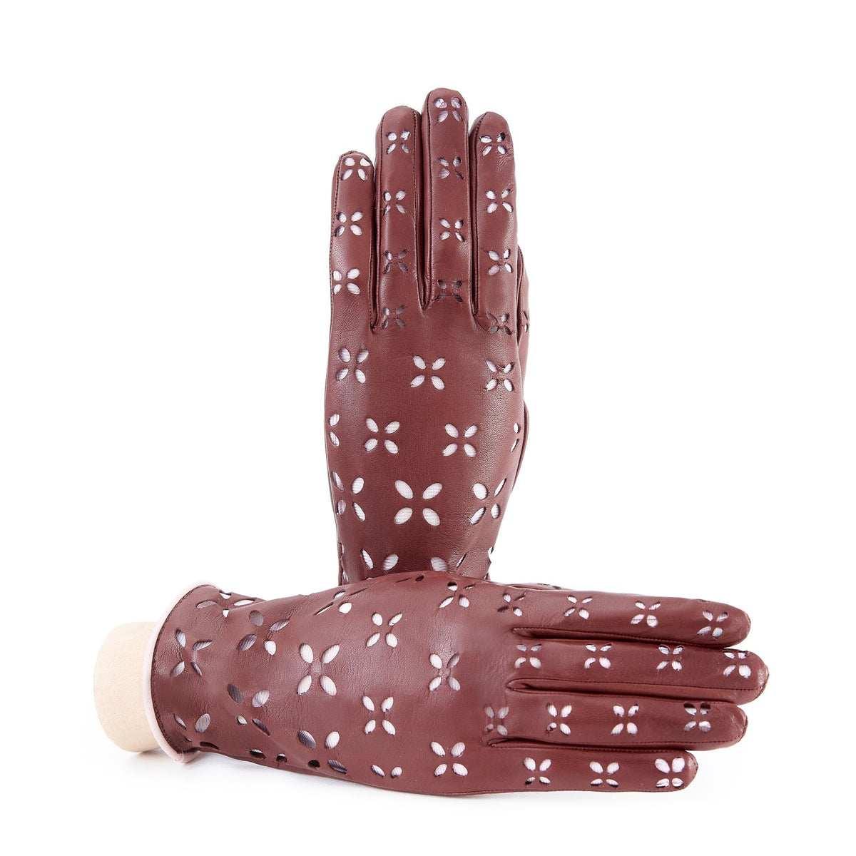Women's light brown nappa leather gloves with laser cut petals detail and polyamide lining