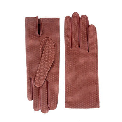 Women's unlined light brown nappa leather gloves with all over laser cut detail