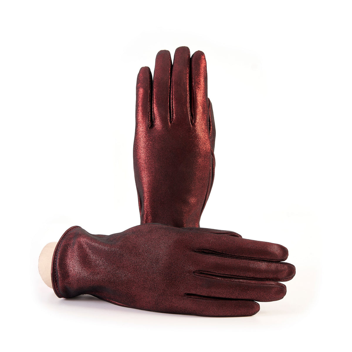 Women’s basic red soft laminated suede leather gloves with palm opening and mix cashmere lining