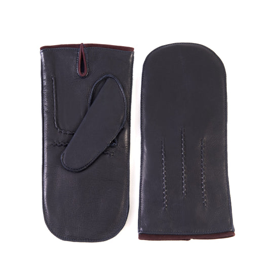 Men's blue deerskin mitten gloves with suede piping and cashmere lining