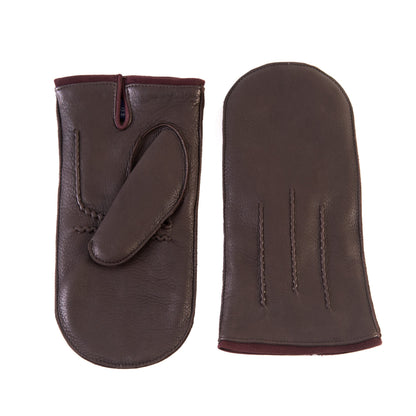 Men's brown deerskin mitten gloves with suede piping and cashmere lining