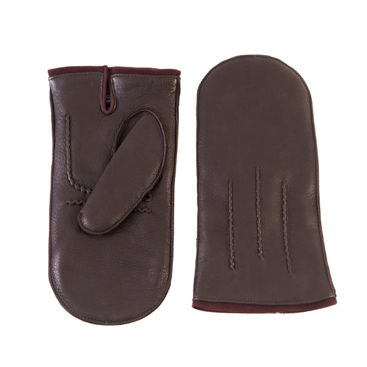 Men's brown deerskin mitten gloves with suede piping and cashmere lining
