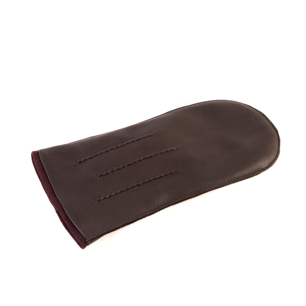 Men's brown deerskin mitten gloves with suede piping and cashmere lining