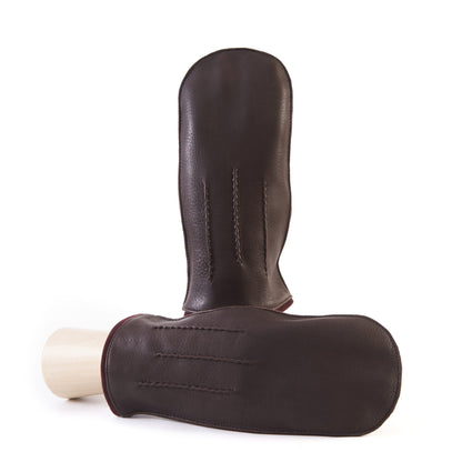 Men's brown deerskin mitten gloves with suede piping and cashmere lining