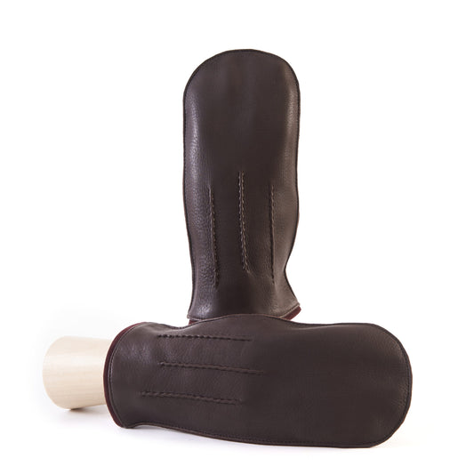 Men's brown deerskin mitten gloves with suede piping and cashmere lining