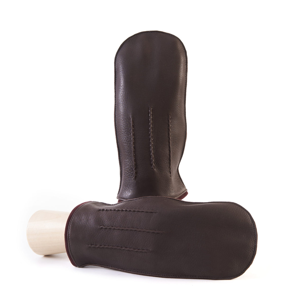 Men's brown deerskin mitten gloves with suede piping and cashmere lining