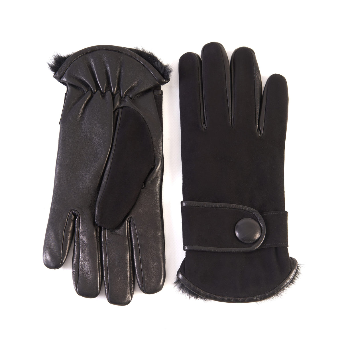 Men's black nappa and suede leather gloves with button and real fur lining