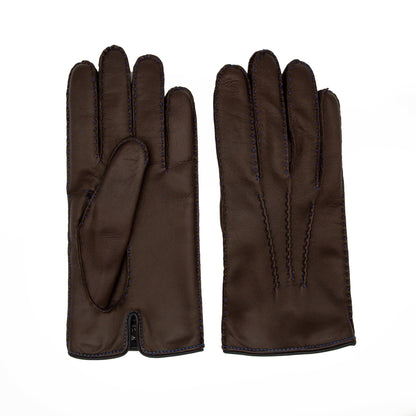 Men's brown metal free nappa leather gloves entirely hand-stitched with natural cashmere lining