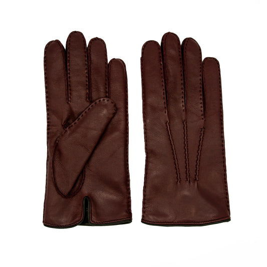 Men's burgundy metal free nappa leather gloves entirely hand-stitched with natural cashmere lining