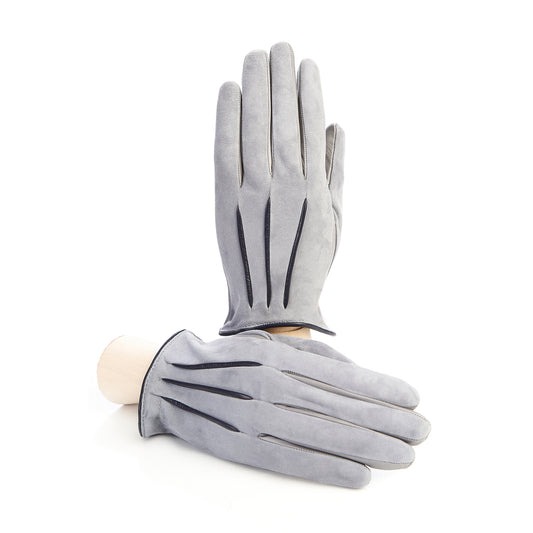 Women's grey suede gloves with blue sheepskin inserts cashmere lining