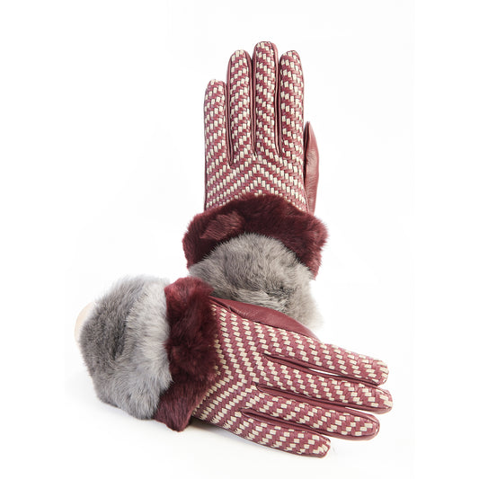 Women's bordeaux leather gloves with bicolor woven top panel and rex rabbit fur cuff