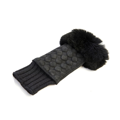Women's black suede leather fingerless with wool cuff and natural fur on finger tips