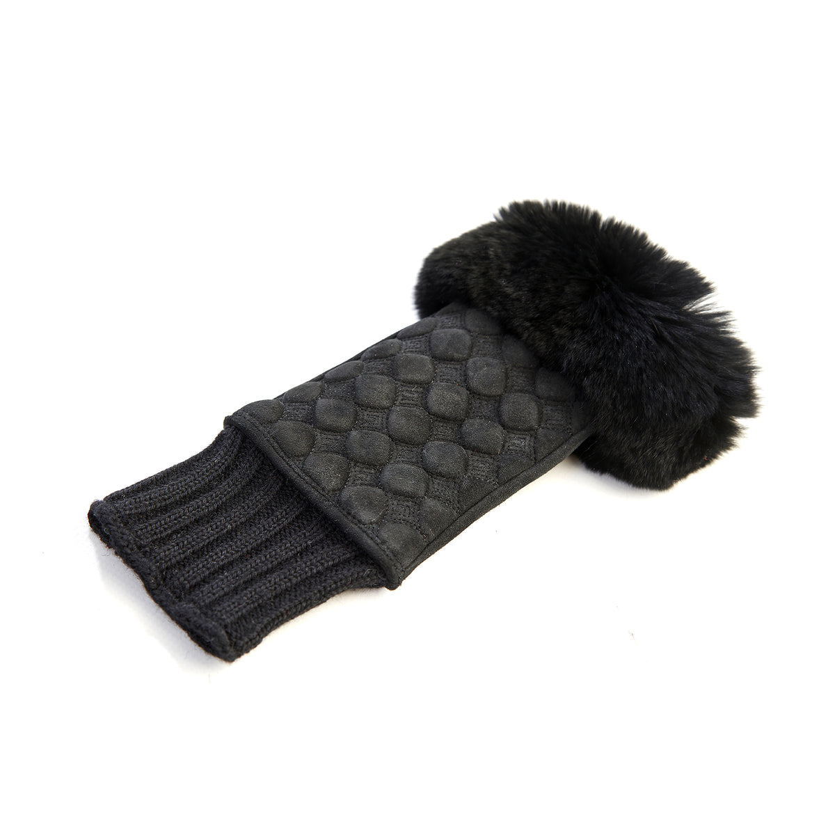 Women's black suede leather fingerless with wool cuff and natural fur on finger tips