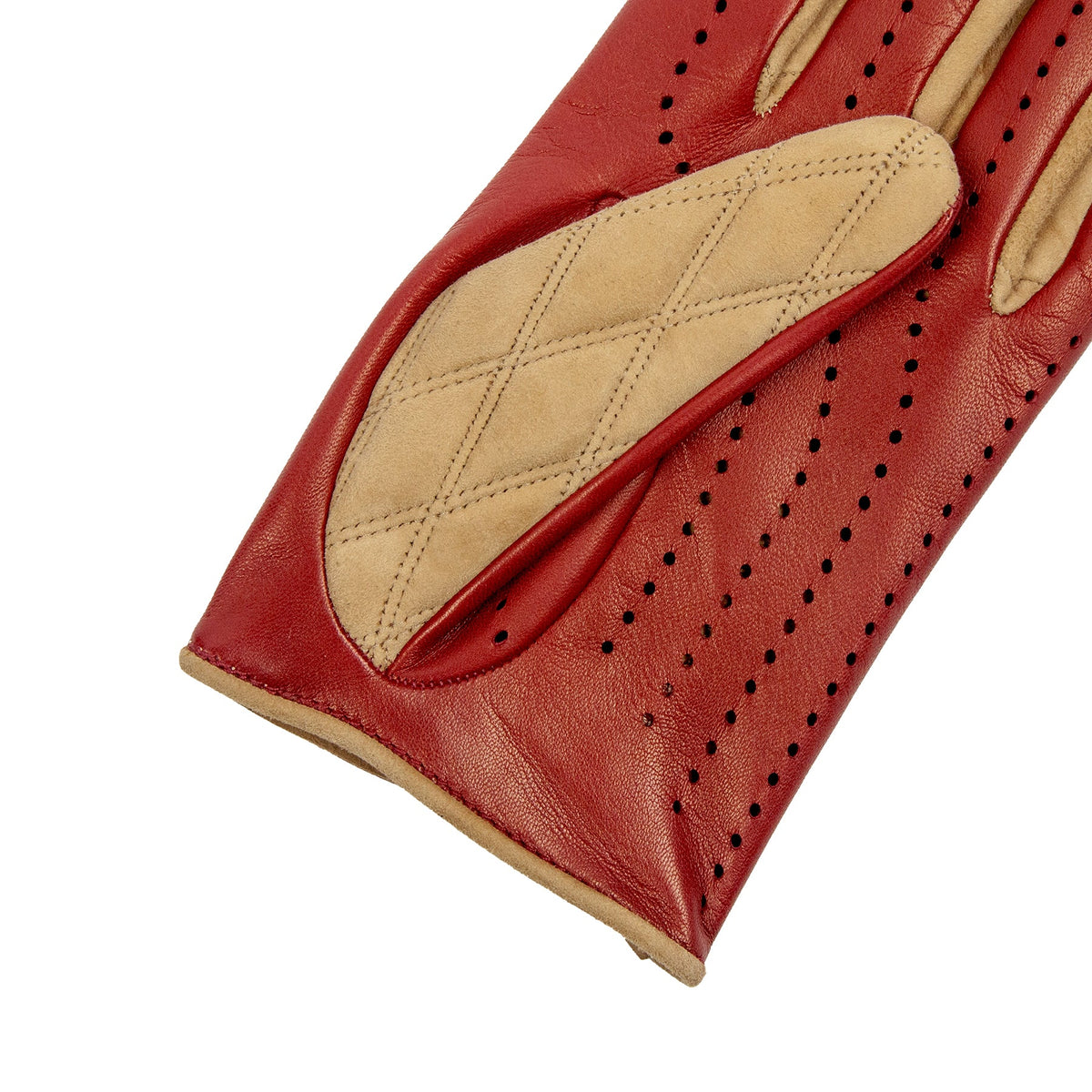 Men's rum-colored nappa and taupe quilted suede unlined gloves