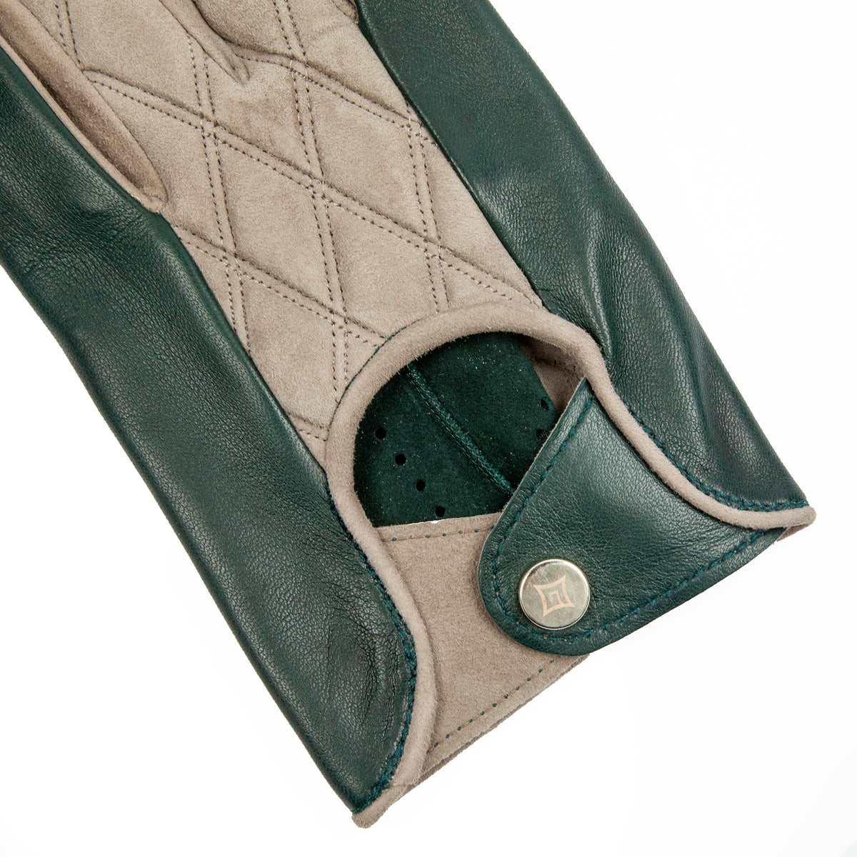 Men's green nappa and taupe quilted suede unlined gloves