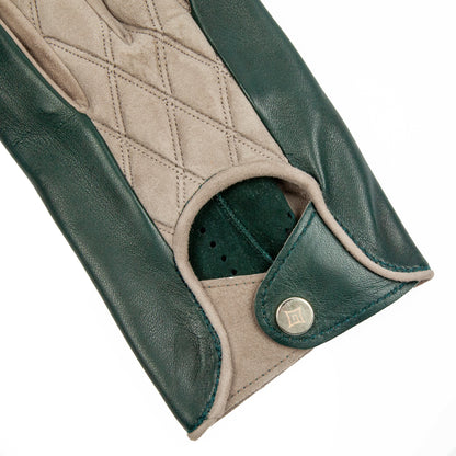 Men's green nappa and taupe quilted suede unlined gloves