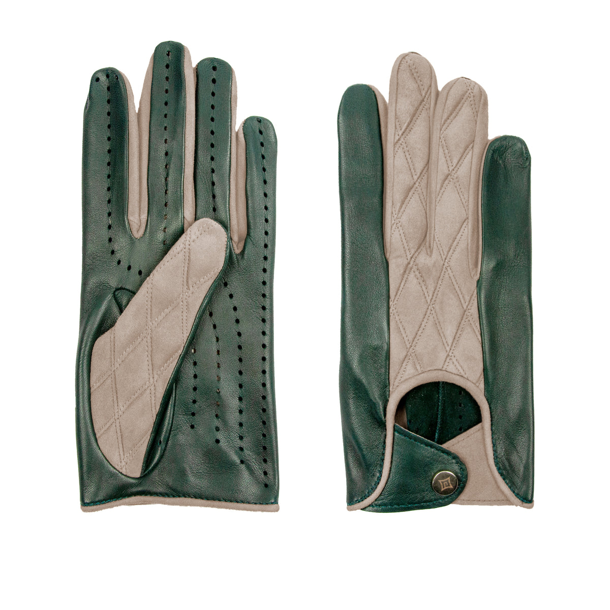 Men's green nappa and taupe quilted suede unlined gloves