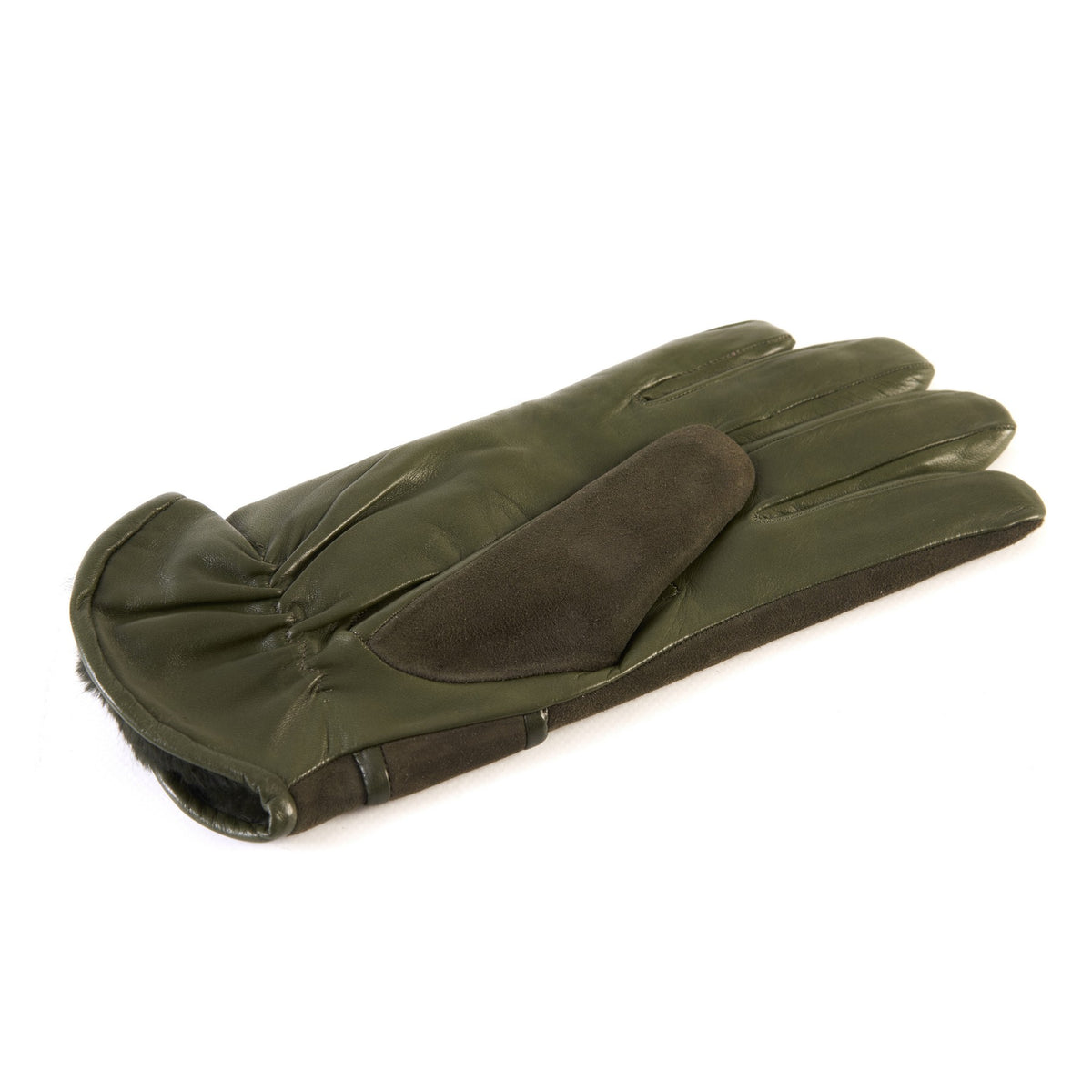 Men's green nappa and suede leather gloves with button and real fur lining