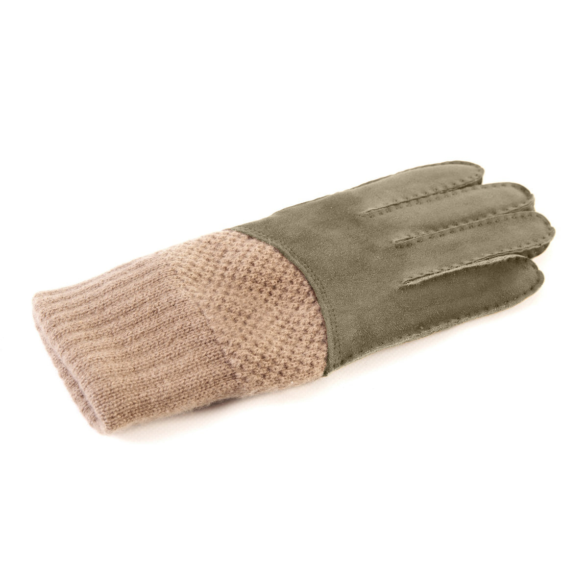 Men's hand-stitched green  suede gloves with cashmere top and lining