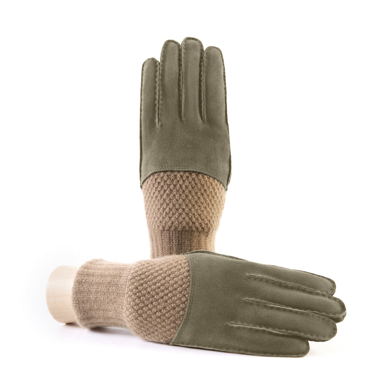 Men's hand-stitched green  suede gloves with cashmere top and lining