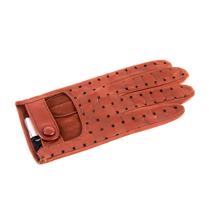 Men's cognac nappa leather driving gloves with laser-cut details