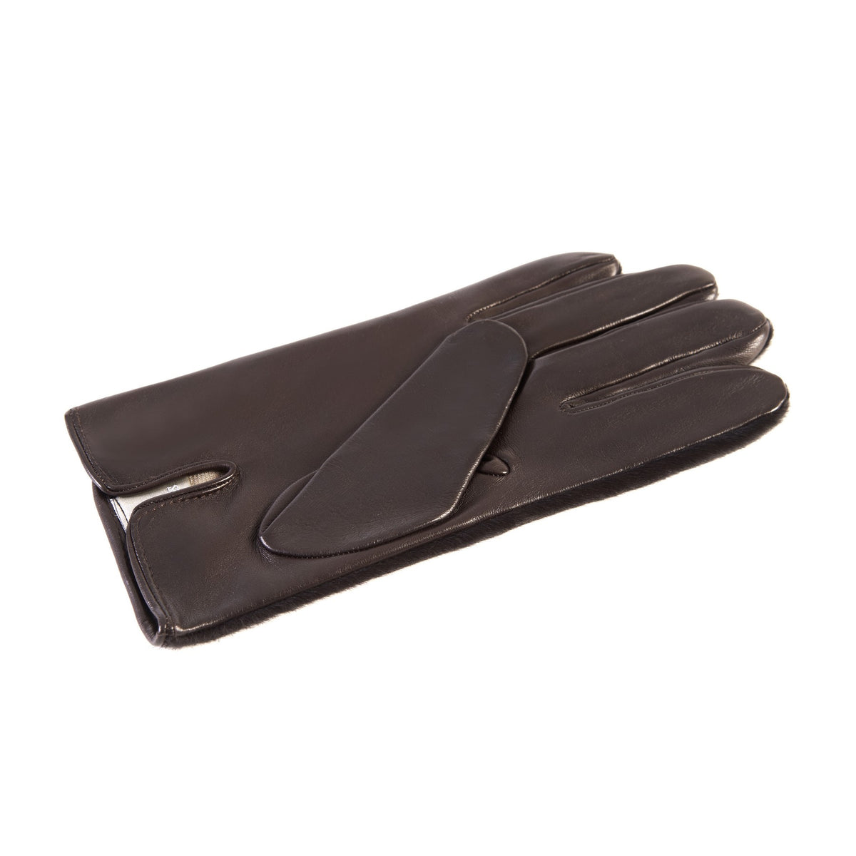 Men's brown nappa leather gloves with a pony panel on top and silk lined