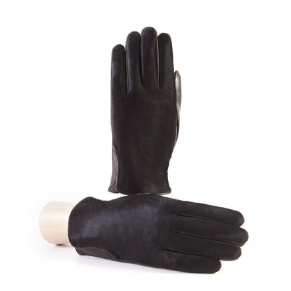 Men's brown nappa leather gloves with a pony panel on top and silk lined