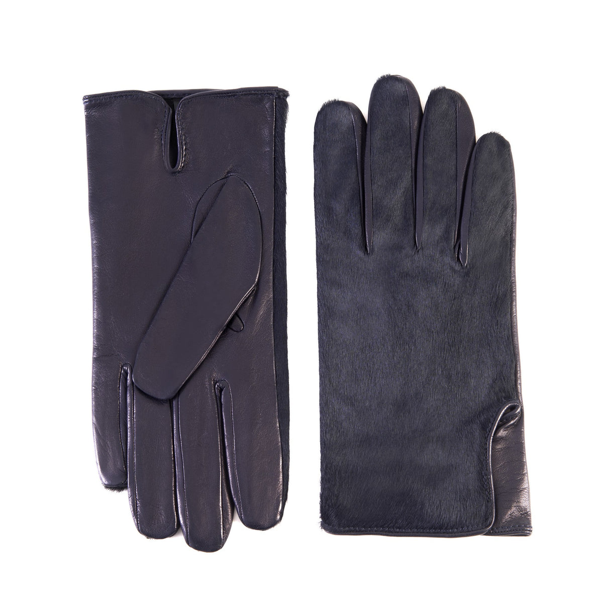 Men's navy nappa leather gloves with a pony panel on top and silk lined