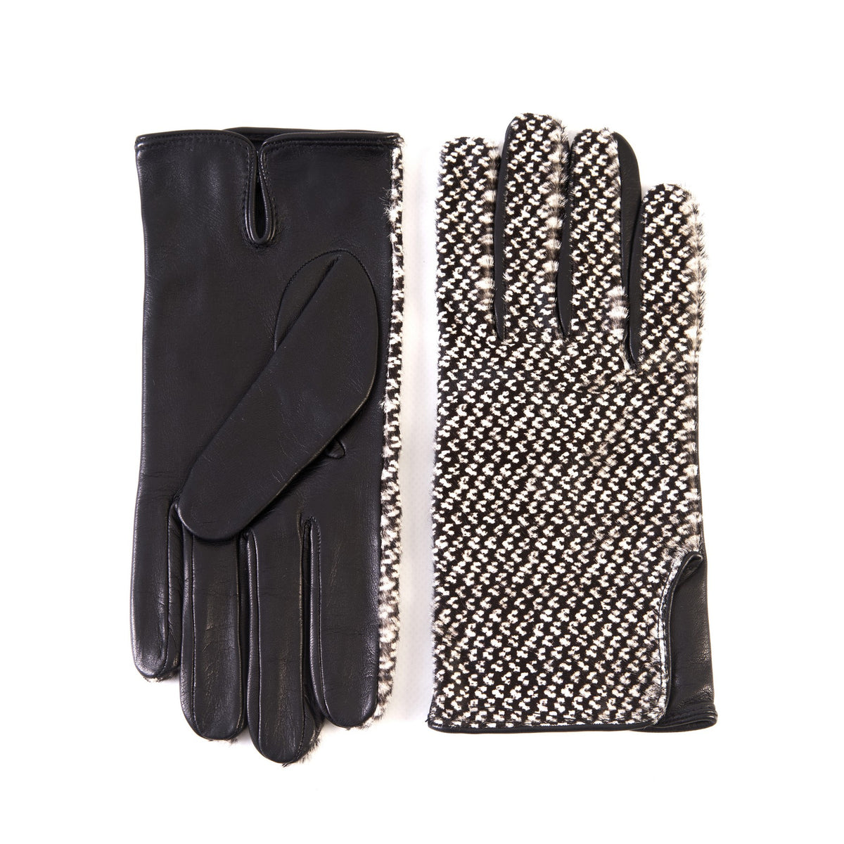 Men's black nappa leather gloves with a pony panel on top and silk lined