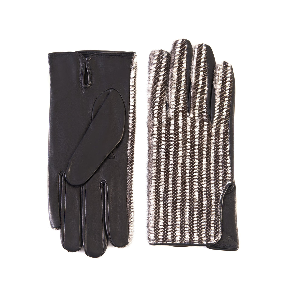 Men's black nappa leather gloves with a pony panel on top and silk lined