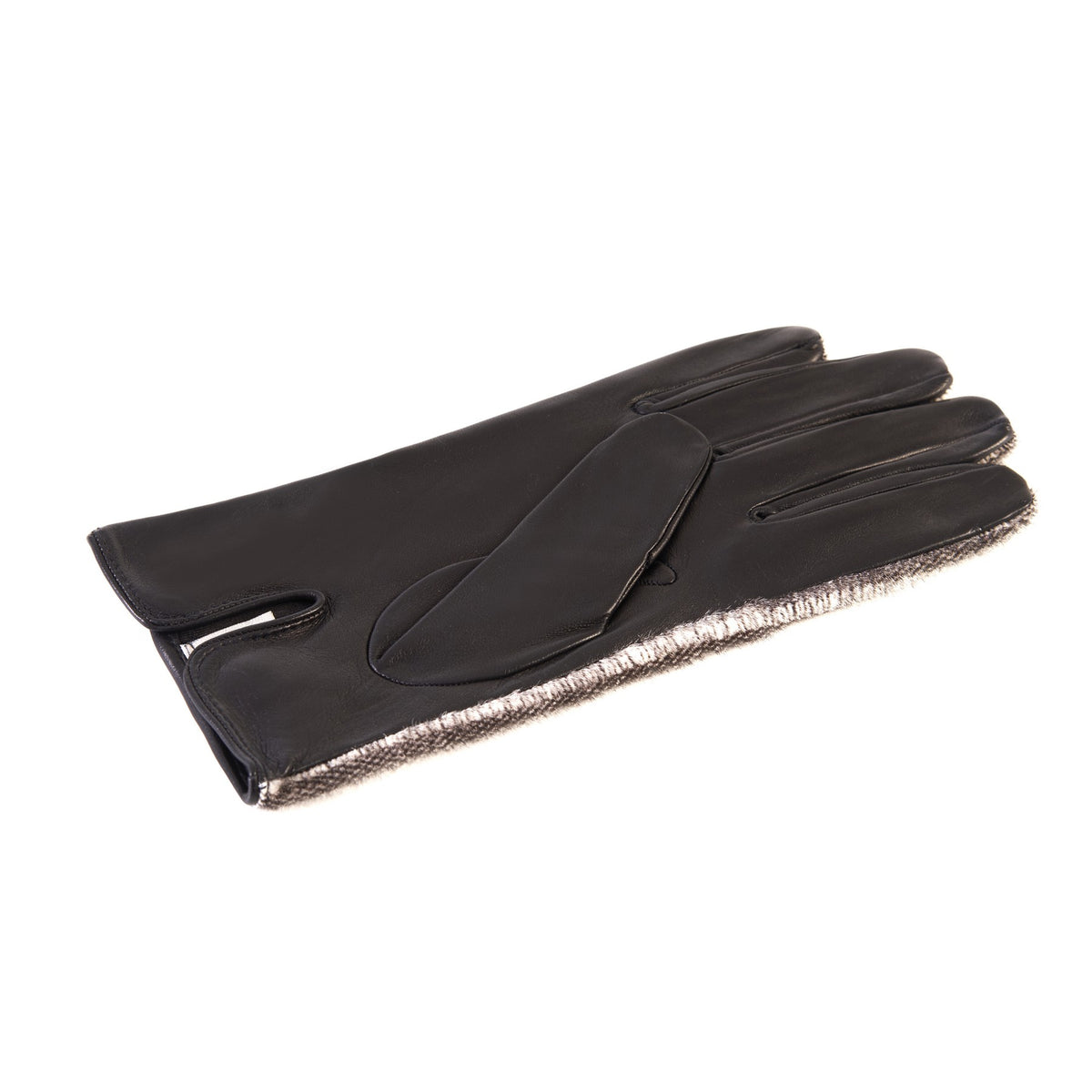 Men's black nappa leather gloves with a pony panel on top and silk lined