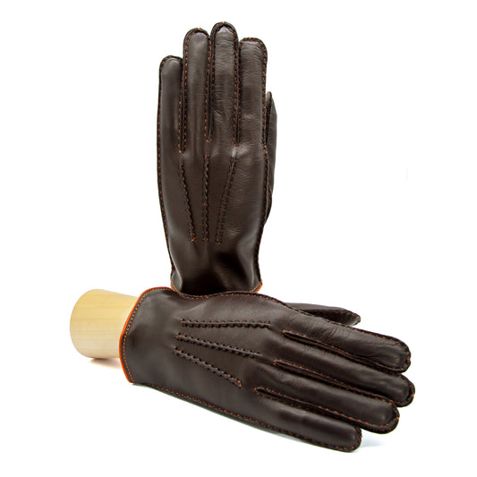 Men's fully hand-stitched brown nappa leather gloves and cashmere lining